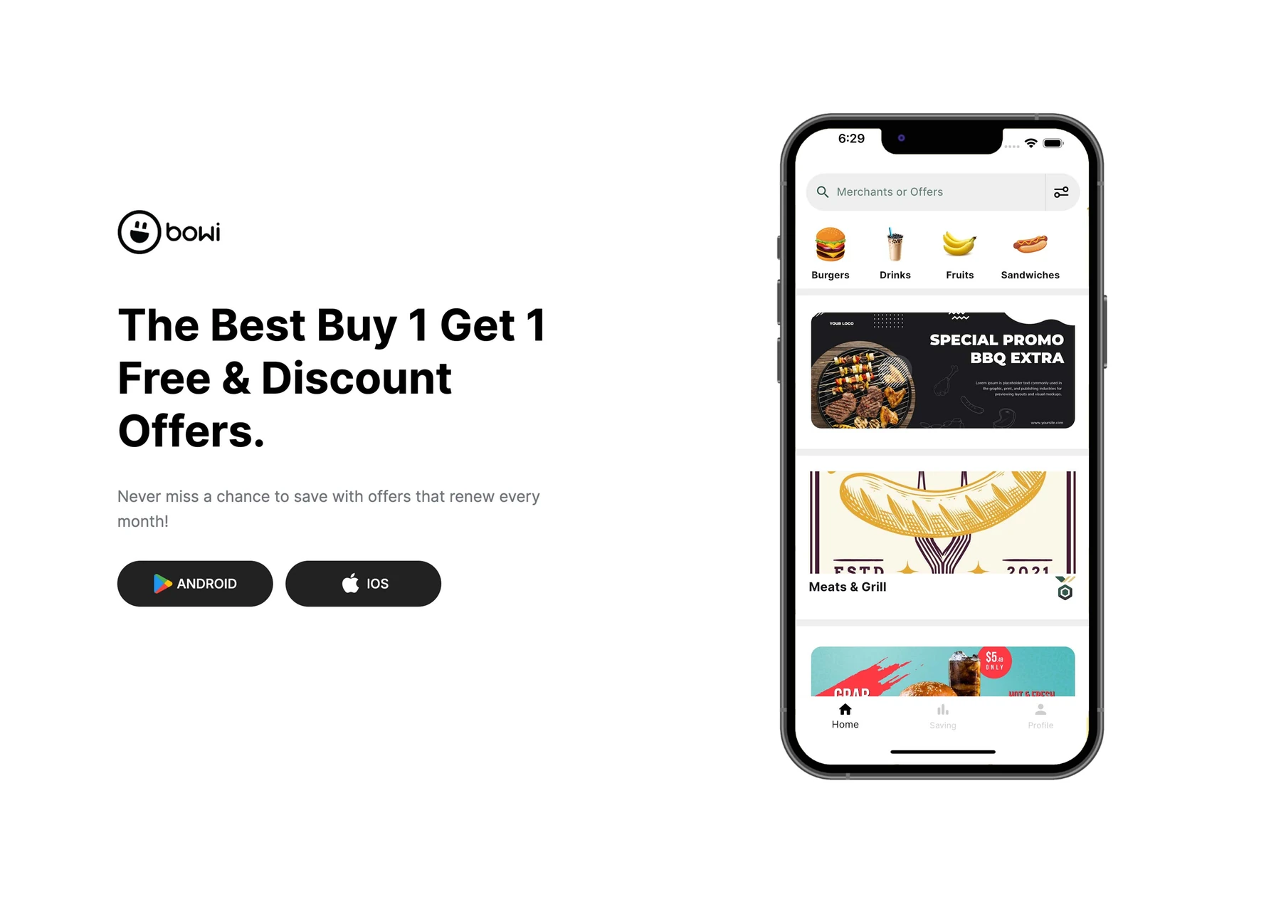Bowi promotional artwork with its offers application shown on a phone.