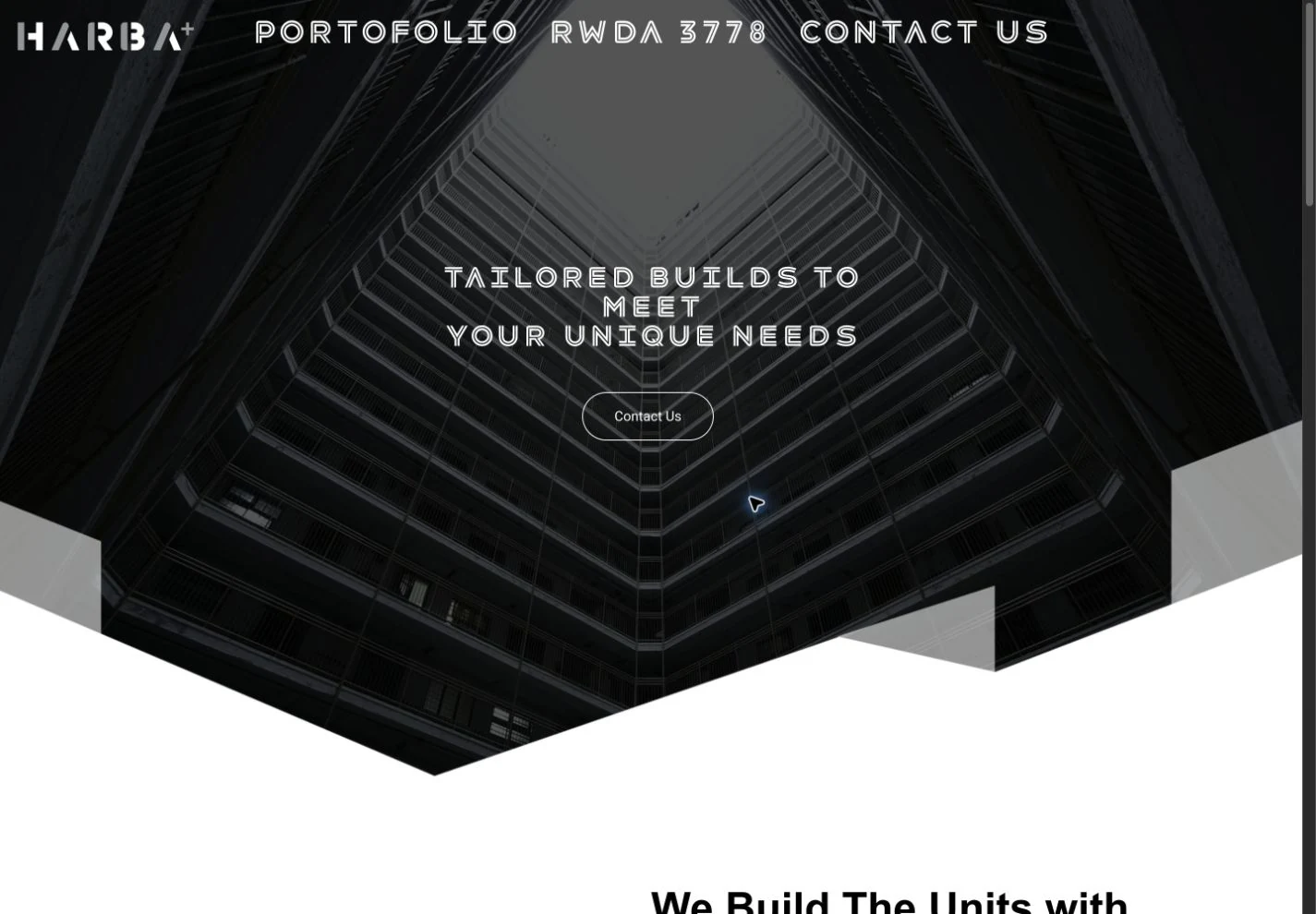 HARBA+ website with architectural photography and project navigation.