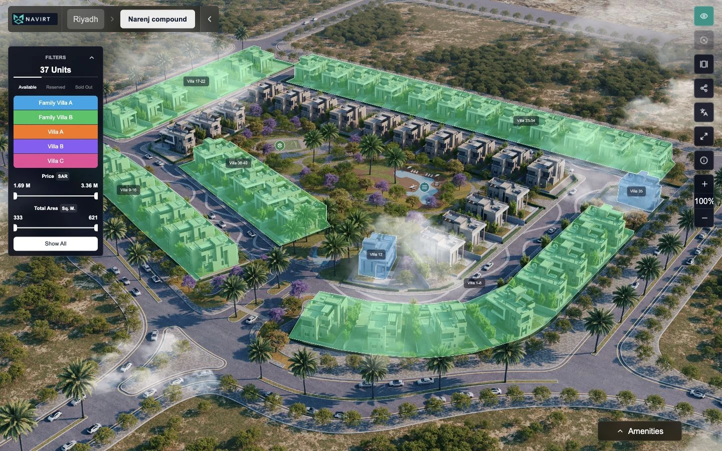 Navirt web property map with selectable villa regions and property filters.