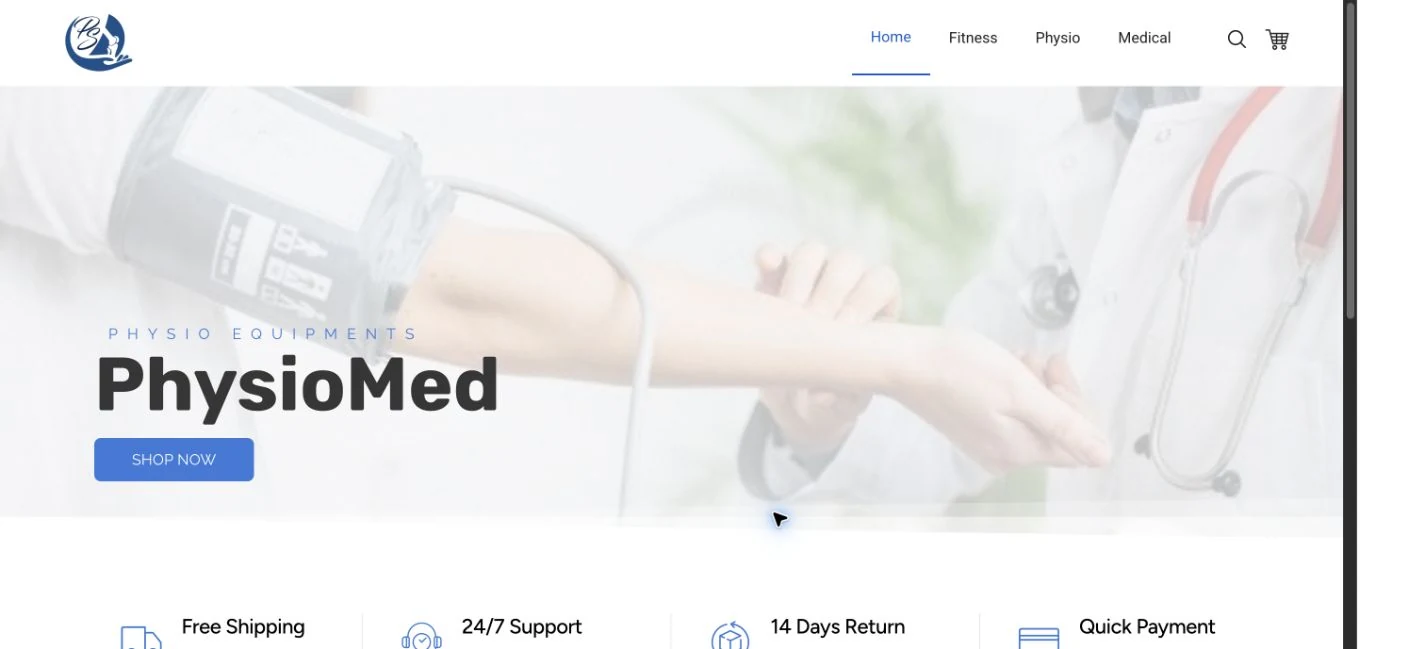 PhysioMed equipment shop desktop homepage.